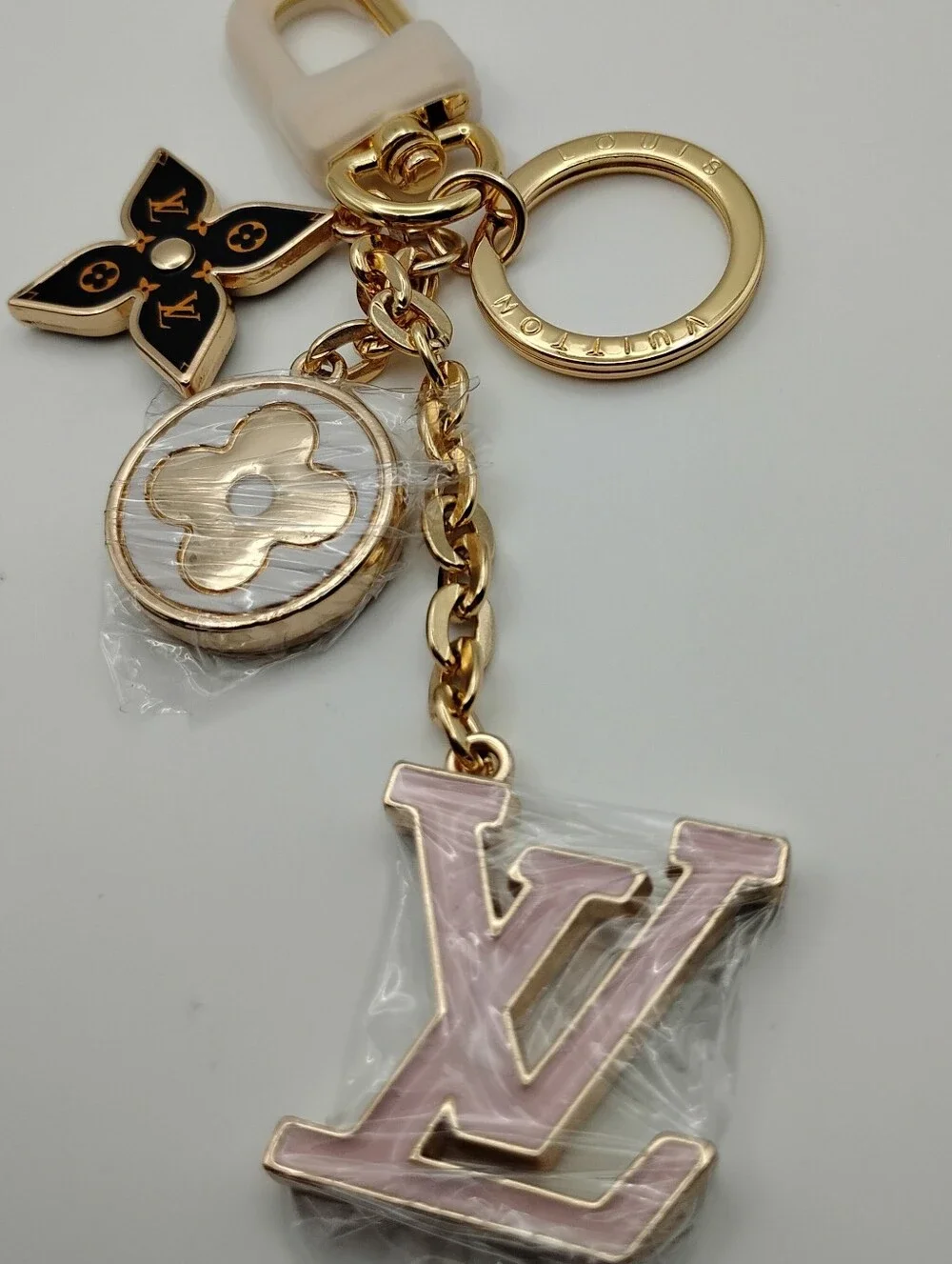 Louis Vuitton Gold & Pink LV Charm Keychain Authentic